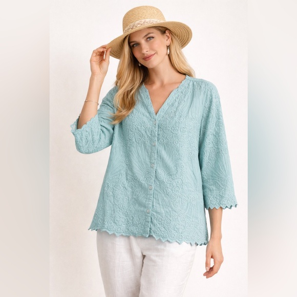 Soft Surroundings Tops - Soft Surroundings Aqua Embroidered Cotton Blouse L Boho Coastal Grandma